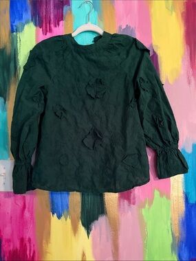 Cato Dark Green Floral Appliqué Long-Sleeve Blouse